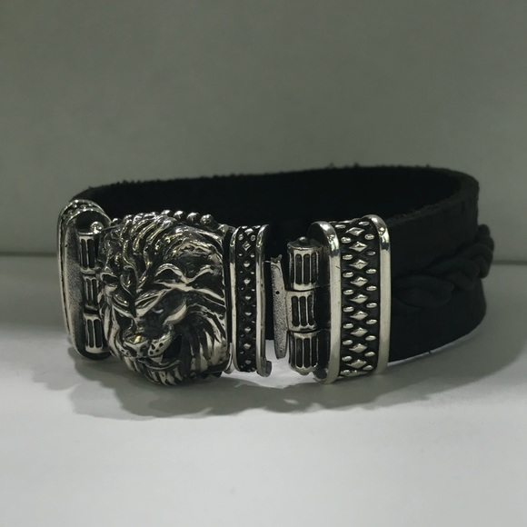 sterling silver lion face bracelet with  leather - Picture 2 of 8